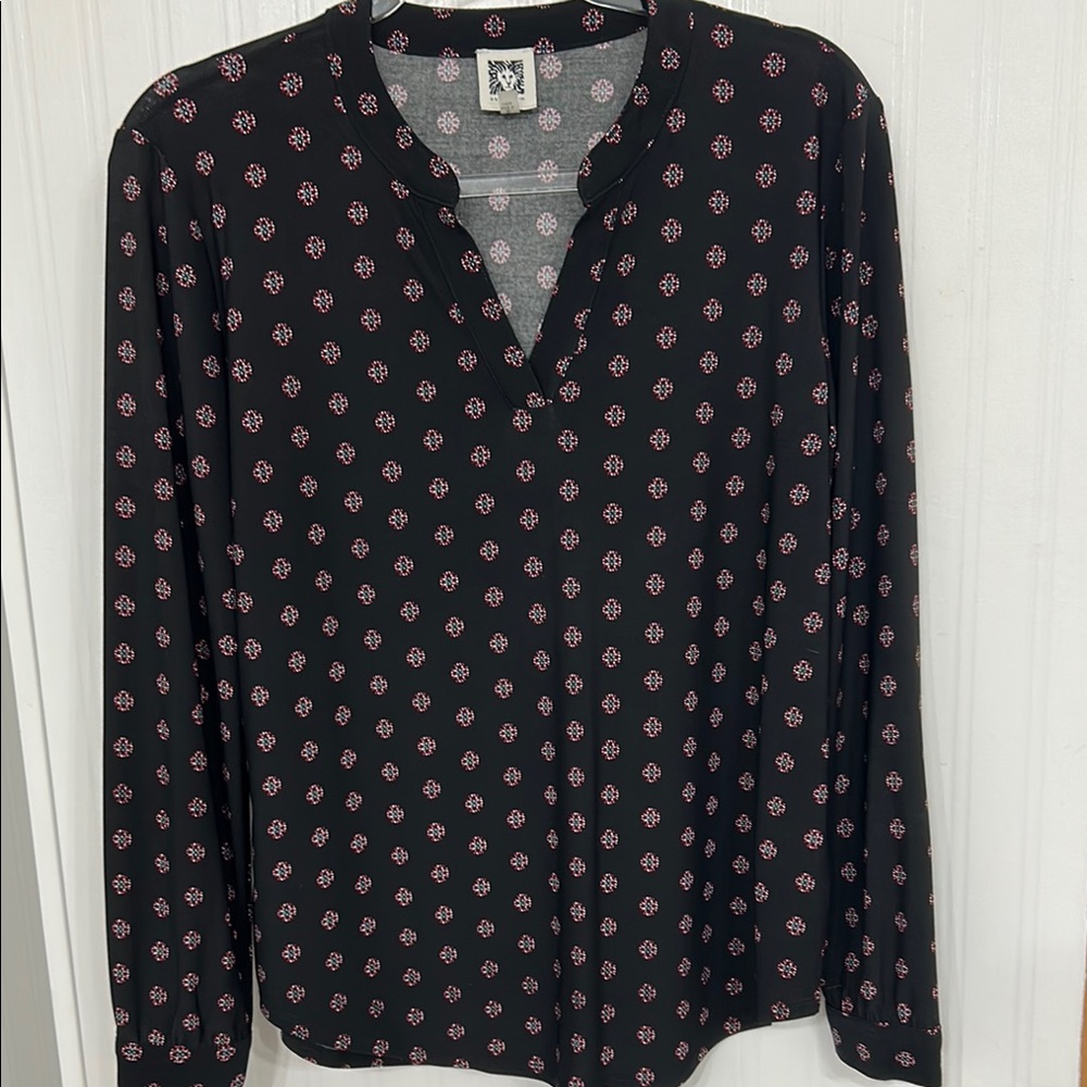 Anne Klein Black Long Sleeve Blouse with Mandarin Collar